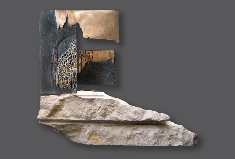 Brama, /rewers/, 2007, brąz,marmur, 30 x 40 x 10 cm